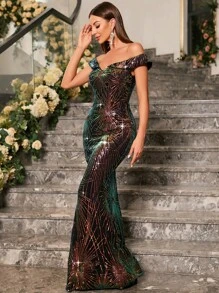 UNITHORSE Off Shoulder Sequin Party Dress Elegant Formal Evening Prom Wedding Guest Gown, For Graduation, Dinner - Multicolor - View 8