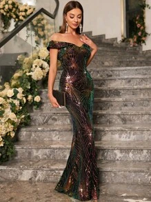 UNITHORSE Off Shoulder Sequin Party Dress Elegant Formal Evening Prom Wedding Guest Gown, For Graduation, Dinner - Multicolor - View 9