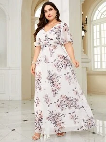 Plus Floral Print Butterfly Sleeve Chiffon Bridesmaid Dress - White - View 2