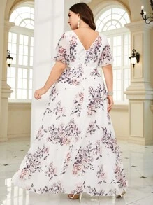 Plus Floral Print Butterfly Sleeve Chiffon Bridesmaid Dress - White - View 3