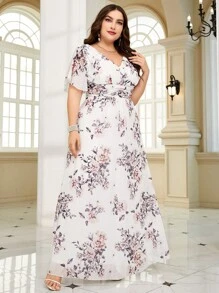 Plus Floral Print Butterfly Sleeve Chiffon Bridesmaid Dress - White - View 6