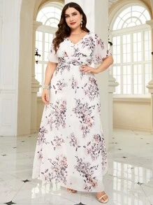 Plus Floral Print Butterfly Sleeve Chiffon Bridesmaid Dress - White - View 7