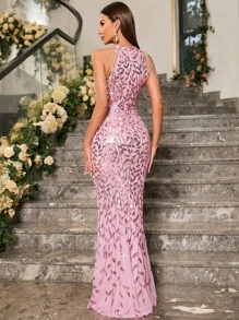 UNITHORSE 亮片裝飾魚尾裙下擺正式連衣裙 - 粉色 - 查看 3