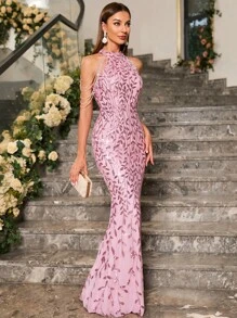 UNITHORSE 亮片裝飾魚尾裙下擺正式連衣裙 - 粉色 - 查看 8