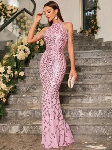 UNITHORSE 亮片裝飾魚尾裙下擺正式連衣裙 - 粉色 - 查看 2