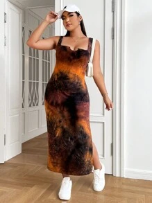 SHEIN EZwear Plus Tie Dye Split Thigh Dress - Rust Brown - View 5