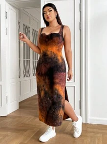 SHEIN EZwear Plus Tie Dye Split Thigh Dress - Rust Brown - View 3