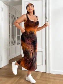 SHEIN EZwear Plus Tie Dye Split Thigh Dress - Rust Brown - View 4