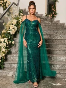 Cold Shoulder Sequin Formal Dress - Dark Green - View 1