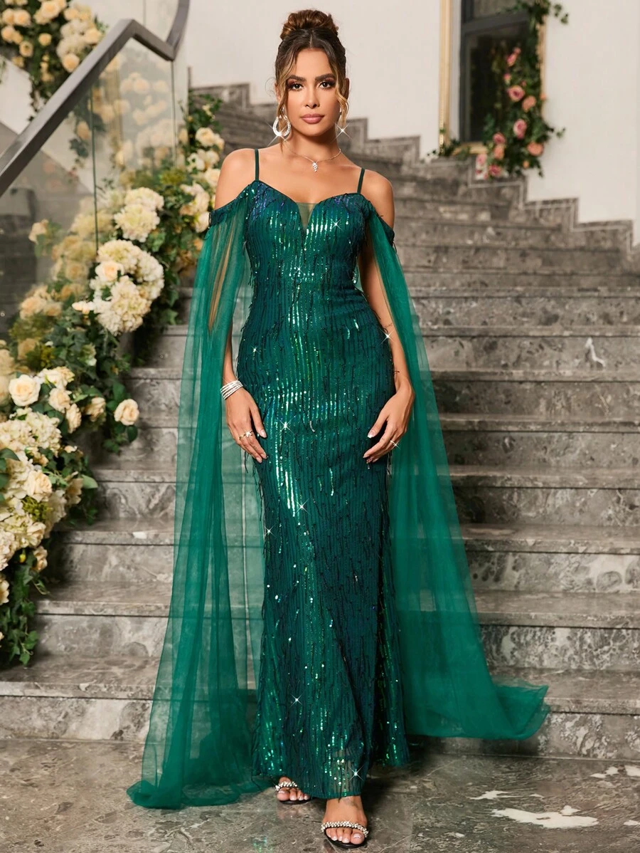 Cold Shoulder Sequin Formal Dress - Dark Green - View 1