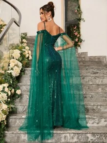 Cold Shoulder Sequin Formal Dress - Dark Green - View 2