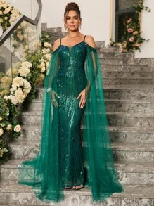Cold Shoulder Sequin Formal Dress - Dark Green - View 3