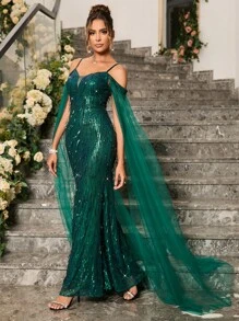 Cold Shoulder Sequin Formal Dress - Dark Green - View 6