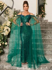 Cold Shoulder Sequin Formal Dress - Dark Green - View 7