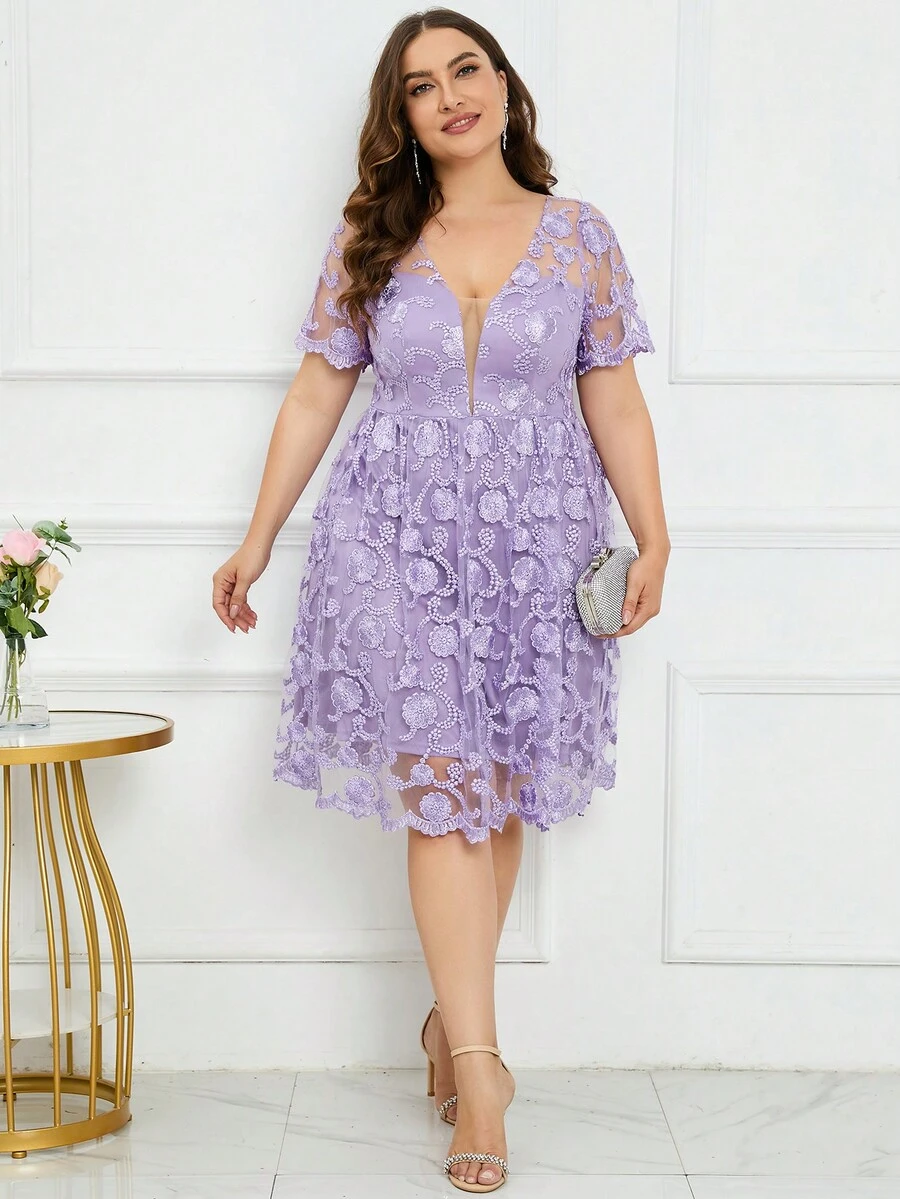 Plus Floral Embroidery Mesh Overlay Dress - Lilac Purple - View 1