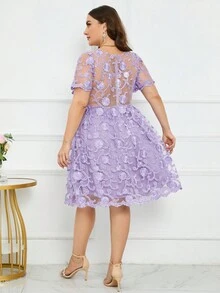 Plus Floral Embroidery Mesh Overlay Dress - Lilac Purple - View 2