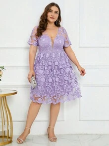 Plus Floral Embroidery Mesh Overlay Dress - Lilac Purple - View 4