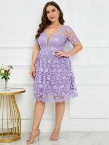 Plus Floral Embroidery Mesh Overlay Dress - Lilac Purple - View 5