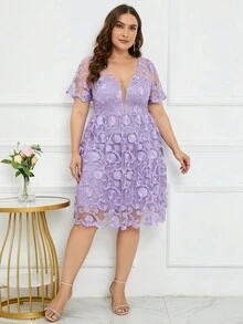 Plus Floral Embroidery Mesh Overlay Dress - Lilac Purple - View 7