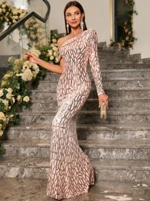 UNITHORSE Asymmetrical Neck Sequin Formal Mermaid Dress, School Clothes, Fall Women Clothes - Champagne - View 7