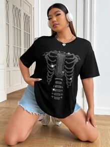 SHEIN EZwear Áo thun Plus size Pha lê kim cương Đồ họa Giải trí - màu đen - Xem 1