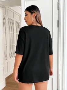 SHEIN EZwear Áo thun Plus size Pha lê kim cương Đồ họa Giải trí - màu đen - Xem 2