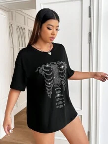 SHEIN EZwear Áo thun Plus size Pha lê kim cương Đồ họa Giải trí - màu đen - Xem 3