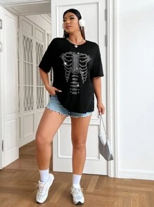 SHEIN EZwear Áo thun Plus size Pha lê kim cương Đồ họa Giải trí - màu đen - Xem 4