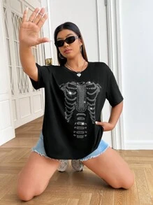 SHEIN EZwear Áo thun Plus size Pha lê kim cương Đồ họa Giải trí - màu đen - Xem 5