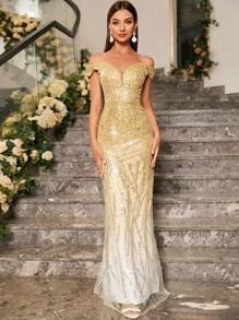 UNITHORSE Off Shoulder Mermaid Hem Sequin Formal Dress Elegant Prom Evening Wedding Guest Gown, For Graduation, Dinner Party Dress, Bride Dress, Birthday Women Outfits Dress - Gold - View 1