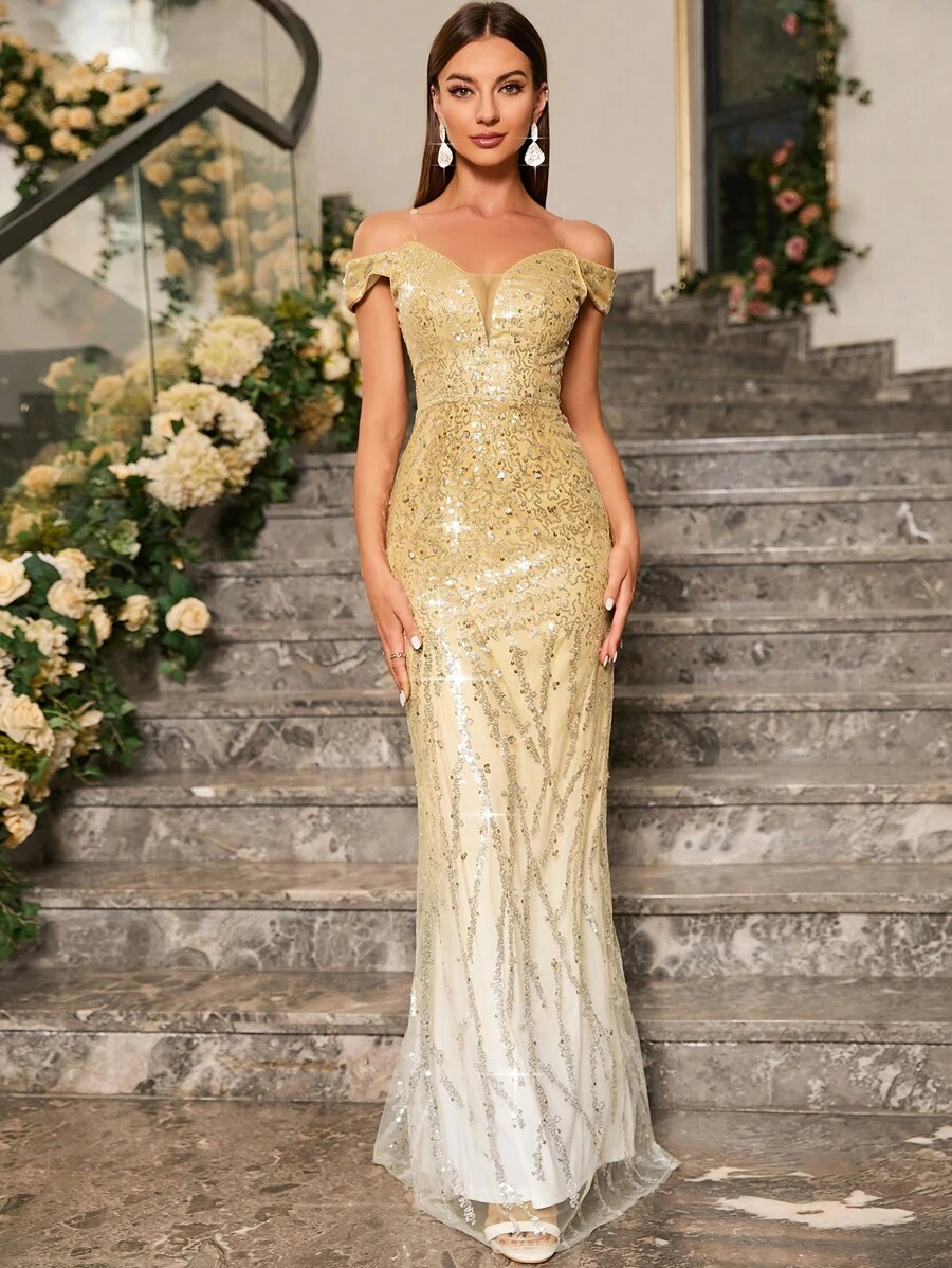 UNITHORSE Off Shoulder Mermaid Hem Sequin Formal Dress Elegant Prom Evening Wedding Guest Gown, For Graduation, Dinner Party Dress, Bride Dress, Birthday Women Outfits Dress - Gold - View 1