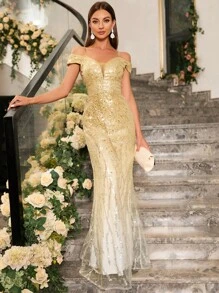 UNITHORSE Off Shoulder Mermaid Hem Sequin Formal Dress Elegant Prom Evening Wedding Guest Gown, For Graduation, Dinner Party Dress, Bride Dress, Birthday Women Outfits Dress - Gold - View 3