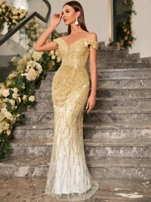 UNITHORSE Off Shoulder Mermaid Hem Sequin Formal Dress Elegant Prom Evening Wedding Guest Gown, For Graduation, Dinner Party Dress, Bride Dress, Birthday Women Outfits Dress - Gold - View 4