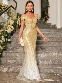 UNITHORSE Off Shoulder Mermaid Hem Sequin Formal Dress Elegant Prom Evening Wedding Guest Gown, For Graduation, Dinner Party Dress, Bride Dress, Birthday Women Outfits Dress - Gold - View 5