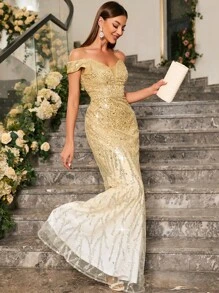 UNITHORSE Off Shoulder Mermaid Hem Sequin Formal Dress Elegant Prom Evening Wedding Guest Gown, For Graduation, Dinner Party Dress, Bride Dress, Birthday Women Outfits Dress - Gold - View 6