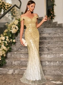 UNITHORSE Off Shoulder Mermaid Hem Sequin Formal Dress Elegant Prom Evening Wedding Guest Gown, For Graduation, Dinner Party Dress, Bride Dress, Birthday Women Outfits Dress - Gold - View 7