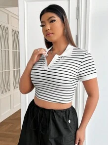 SHEIN EZwear 大碼條紋印花短款T恤 - 黑與白 - 查看 3