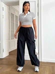 SHEIN EZwear 大碼條紋印花短款T恤 - 黑與白 - 查看 6