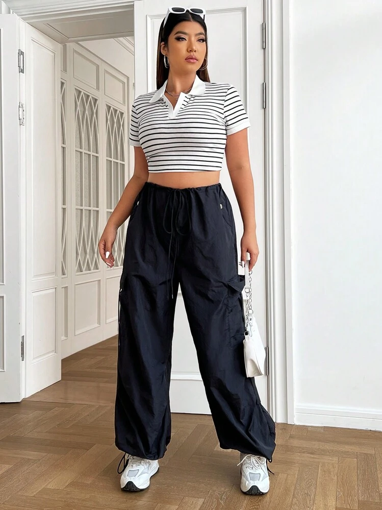 SHEIN EZwear Áo thun Plus size Sọc Giải trí - Đen và trắng - Xem 6