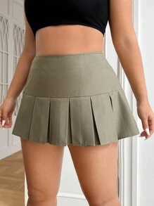 SHEIN EZwear Váy Plus Size Xếp li Dây kéo màu trơn Giải trí - xanh quân đội - Xem 5