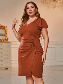 CurvySweet 大碼褶邊圍裹洋裝 - 棕色 - 查看 1