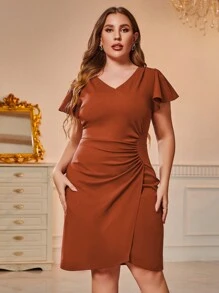 CurvySweet 大碼褶邊圍裹洋裝 - 棕色 - 查看 4