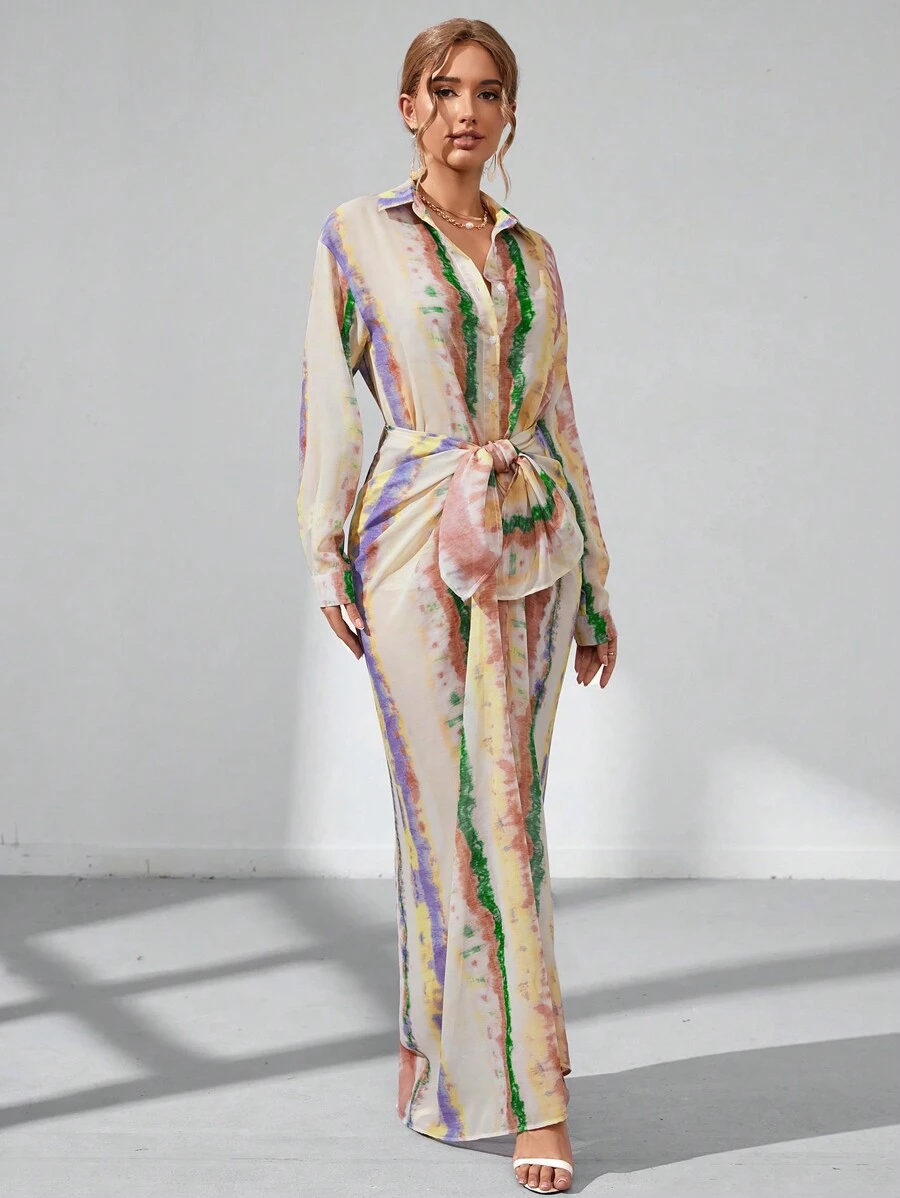 GENKIRA 滿版印花襯衫和前繫帶半身裙 - 彩色 - 查看 1