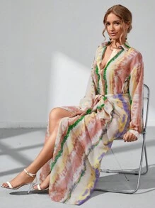 GENKIRA 滿版印花襯衫和前繫帶半身裙 - 彩色 - 查看 5