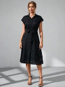 SHEIN Privé Đầm Thắt lưng Nút phía trước màu trơn Thanh lịch - màu đen - Xem 4