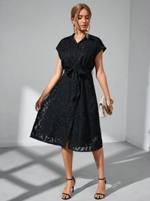 SHEIN Privé Đầm Thắt lưng Nút phía trước màu trơn Thanh lịch - màu đen - Xem 5