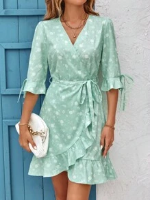 SHEIN Frenchy Đầm Thắt lưng Viên lá sen Trọn gói Hoa Tất cả trên in Giải trí - màu xanh lá - Xem 3