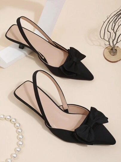Fall/Winter Black High Heel Shoes, Pointed Toe Bowknot Decor Comfortable Kitten Heel Pumps For Women,Elegant,Party