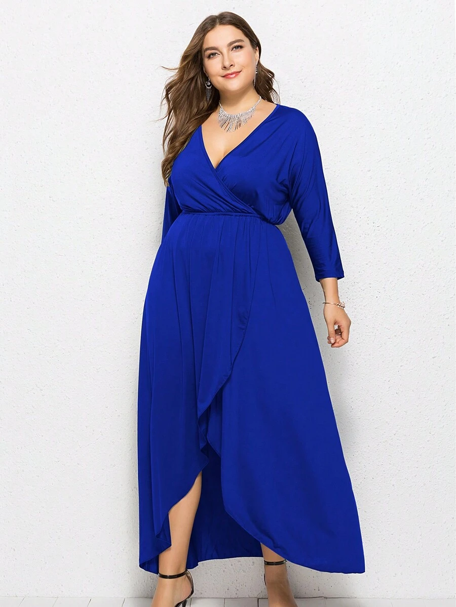 大碼優雅交叉純色連衣裙 - 藍色 - 查看 1