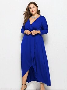 大碼優雅交叉純色連衣裙 - 藍色 - 查看 4